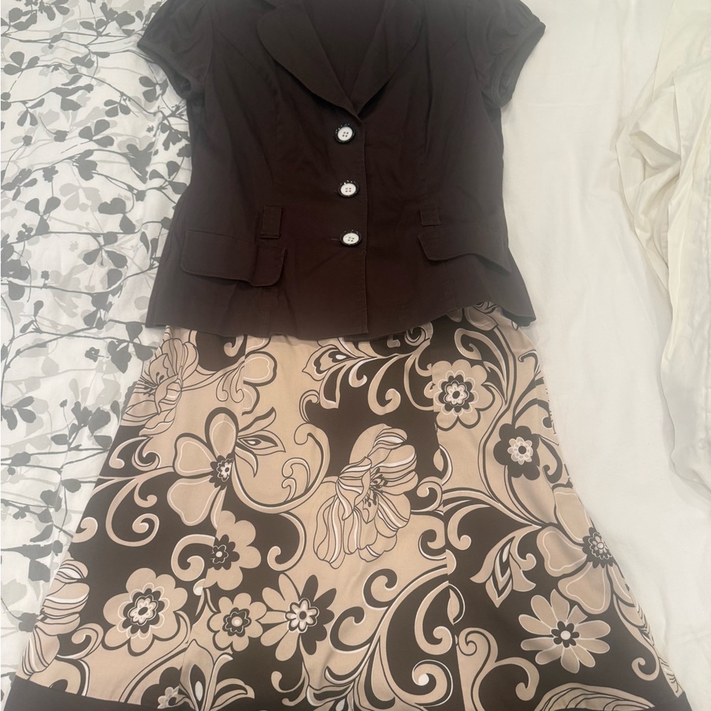 Studio I Brown and Cream Floral Midi Skirt & Blazer